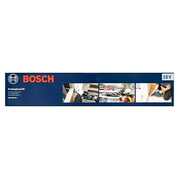 Bosch Professional AMPShare 18V Sierra de sable de batería GSA 18V-32 - 18 V, Sin batería, 0 /min - 2.500 /min, Cartón - Embalaje de sierra de sable inalámbrica Bosch GSA 18V-32 Professional 18V, con fotos de la herramienta cortando madera y metal.
