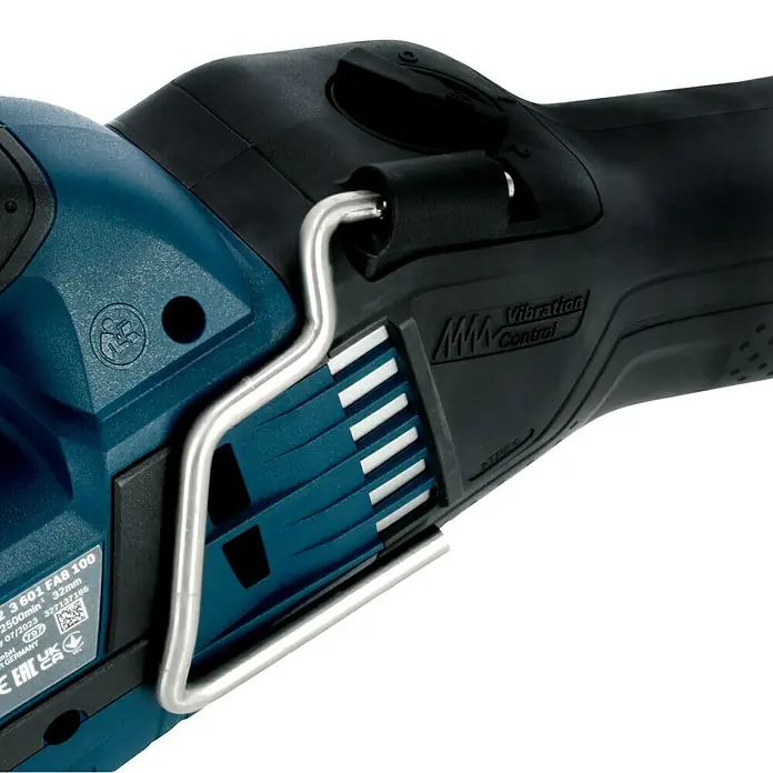 Bosch Professional AMPShare 18V Akku-Säbelsäge GSA 18V-32 - 18 V, Ohne Akku, 0 /min - 2.500 /min, Karton - Detailaufnahme einer Bosch Säbelsäge mit blauen und schwarzen Elementen, die das "Vibration Control"-System hervorhebt.