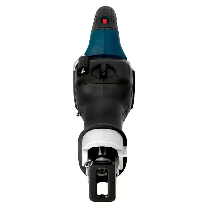 Bosch Professional AMPShare 18V Sierra de sable de batería GSA 18V-32 - 18 V, Sin batería, 0 /min - 2.500 /min, Maleta - Vista superior de una llave de carraca eléctrica negra y azul con botón rojo y selector de dirección.