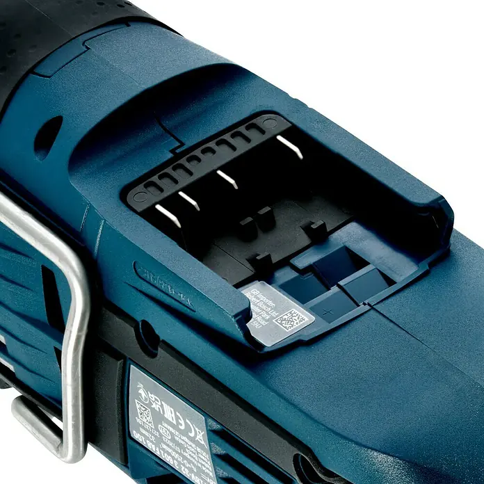 Bosch Professional AMPShare 18V Akku-Säbelsäge GSA 18V-32 - 18 V, Ohne Akku, 0 /min - 2.500 /min, Karton - Detailansicht eines blauen Bosch-Elektrowerkzeugs mit Akkuanschluss und Metallschiene.