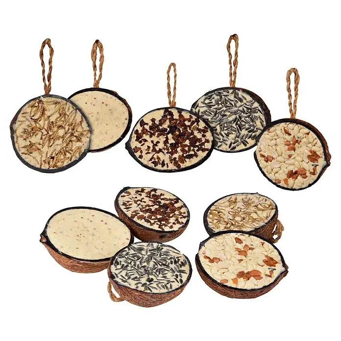Dobar Wildvogelfutter Set - 10 Stk. - Vielfalt an Kokosnussschalen-Vogelfutter, gefüllt mit verschiedenen Samen und Leckerlis, perfekt für die Vogelfütterung im Garten.