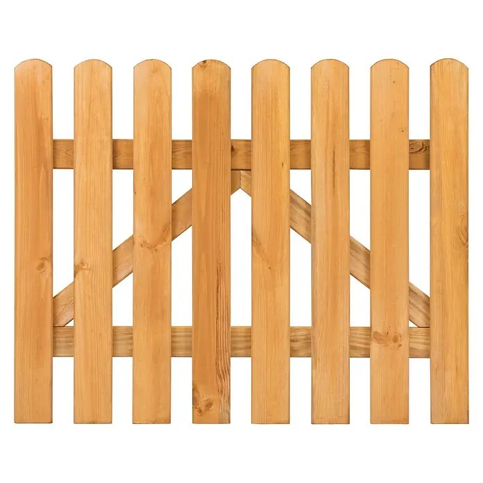 Staketenzaun-Gartentor - 100 x 80 cm, Kiefer, Lärchenfarbe - Detailaufnahme eines rustikalen Holzzauns, der traditionelle Handwerkskunst und natürliche Holzmaserung zeigt, ideal zur Dekoration.