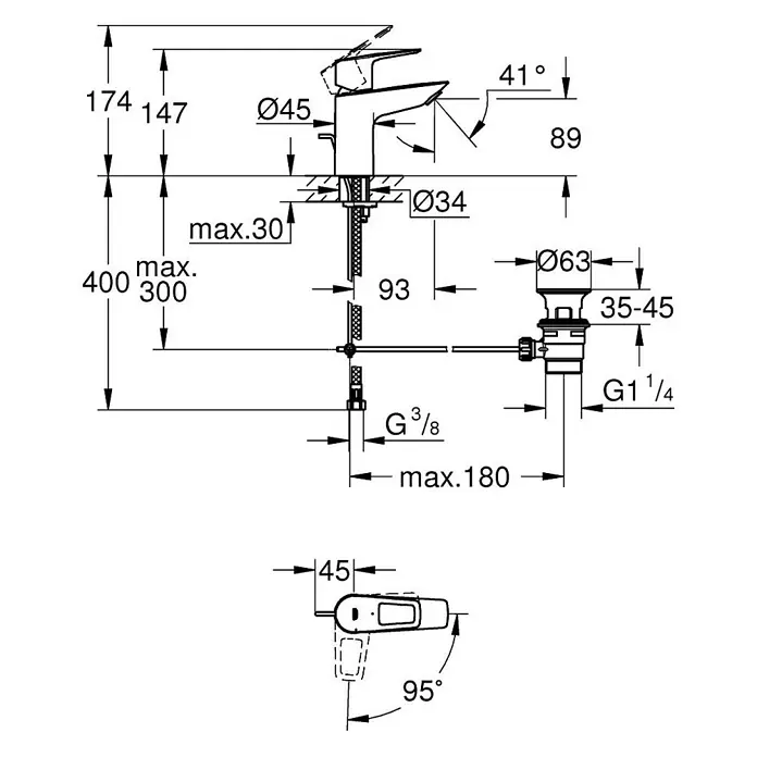 Grohe Start Loop Grifo de lavabo S - Cromo, Brillante, Apertura en frío - Imagen del producto con dibujos técnicos de un grifo, mostrando medidas precisas para la instalación y el diseño.