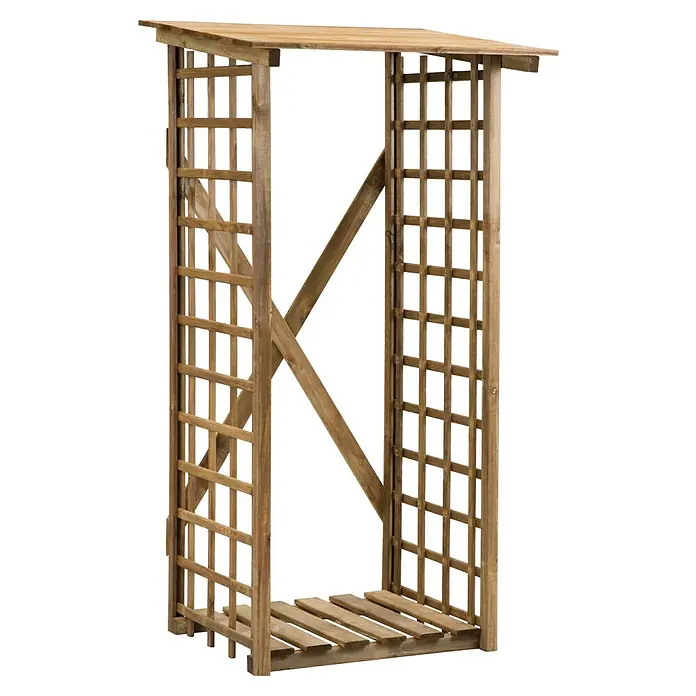 Kaminholzregal Eifel - 100 x 80 x 190 cm, Holz, Braun - Holzlager mit Gitterdesign und überdachtem Bereich für die Lagerung von Brennholz.