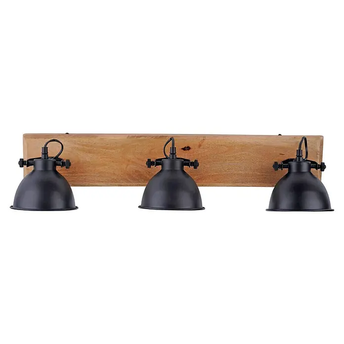 Just Light Samia Deckenstrahler - 120 W, L x B x H: 74 x 15 x 22,5 cm, Schwarz, Braun, E14 - Nahaufnahme einer Wandleuchte mit drei schwarzen Lampenschirmen auf einem Holzsockel, die ein rustikales oder industrielles Design ausstrahlt.