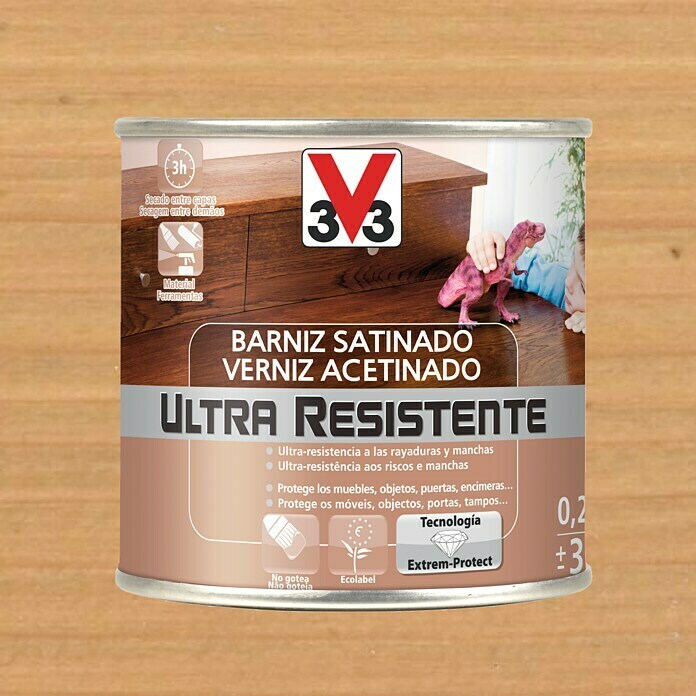 V33 Barniz para madera Satinado Ultra Resistente (Roble claro, Satinado, 250 ml)