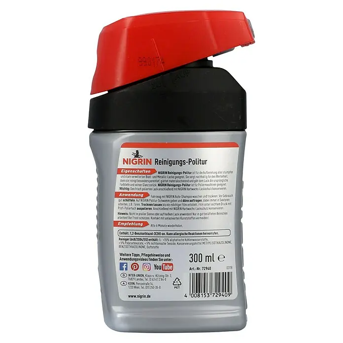 Nigrin Reinigungs-Politur - 300 ml - Nigrin Reinigungs-Politur Flasche. Für die Aufbereitung aller stumpfen und stark verwitterten Lacke geeignet. Reinigt porentief und gibt Glanz zurück.