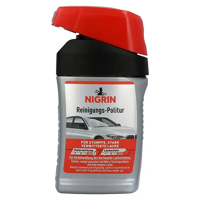 Nigrin Reinigungs-Politur - 300 ml - Nigrin Reinigungs-Politur für stumpfe Lacke. Das Produkt reinigt, glättet und poliert mit Mikro-Schleifpartikeln. Bringt den Glanz zurück.