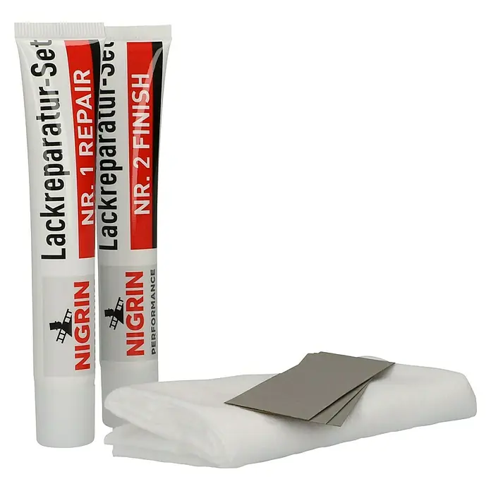 Nigrin Performance Lackreparatur-Set - Geeignet für: Buntlack - Das Nigrin Lackreparatur-Set enthält alles, was man zur Ausbesserung von Lackschäden benötigt: Repair Paste, Finish Politur, Schleifpapier und Poliertuch.