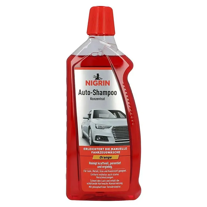 Nigrin Auto-Shampoo Konzentrat - 1 l, Orangenduft - Abbildung einer Flasche Nigrin Auto-Shampoo Konzentrat in Orange. Das Produkt ist für die manuelle Fahrzeugwäsche geeignet.