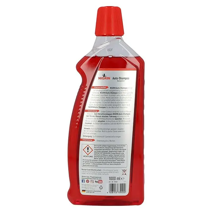 Nigrin Auto-Shampoo Konzentrat - 1 l, Orangenduft - Produktbild von Nigrin Auto-Shampoo Konzentrat, einem Autoshampoo für die Reinigung und Pflege von Fahrzeugen.