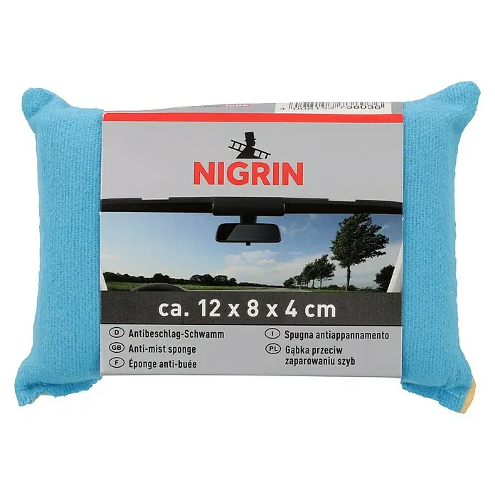 Nigrin Antibeschlagschwamm - 2-seitig - Produktbild eines Nigrin Antibeschlag-Schwamms, ca. 12 x 8 x 4 cm, zur Reinigung und Verhinderung von Beschlag auf Autoscheiben.