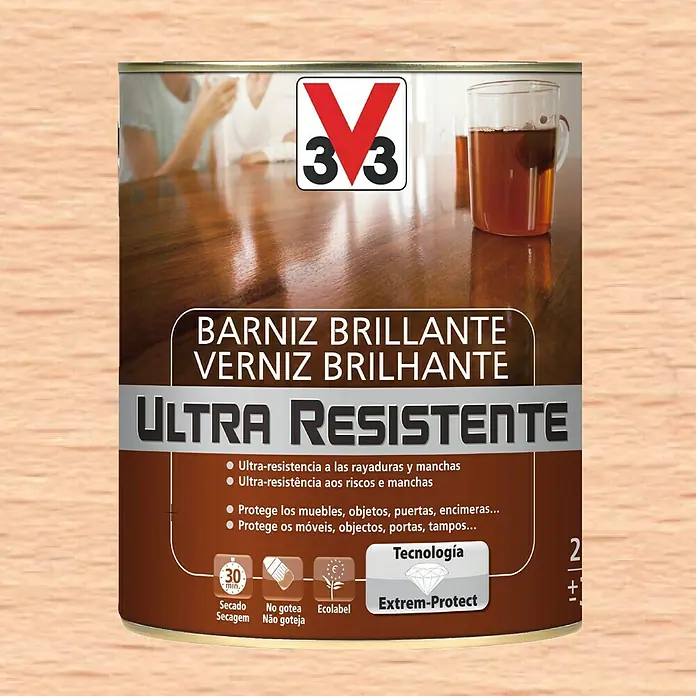 V33 Barniz para madera Brillante Ultra Resistente - Incoloro, Brillante, 750 ml - Bote de barniz brillante para madera para muebles y superficies con protección contra rayaduras y manchas y tecnología Extrem-Protect.