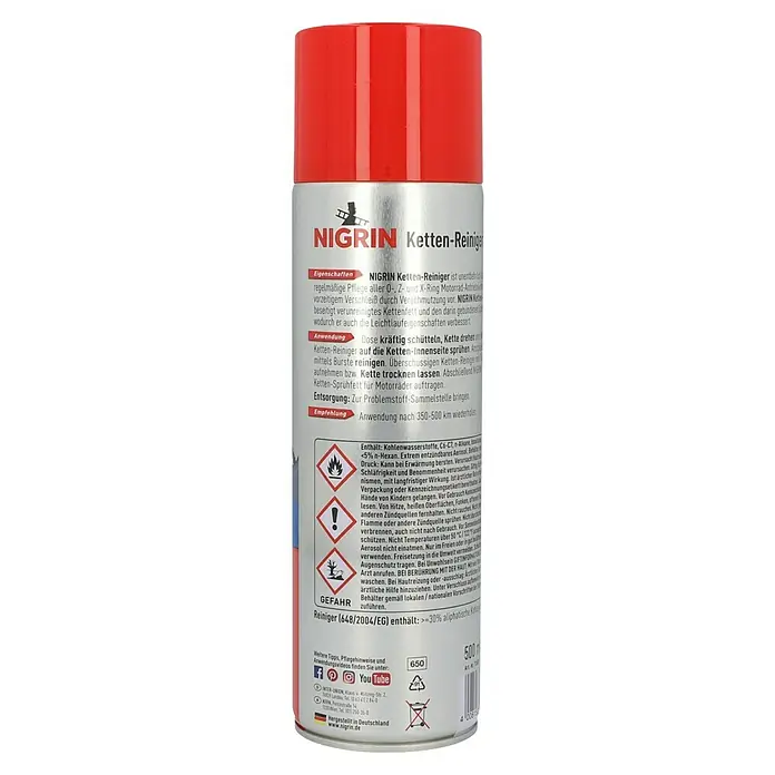 Nigrin Kettenreiniger - 500 ml - Nigrin Ketten-Reiniger: Für die Pflege aller Motorradantriebe. Beseitigt Verschmutzungen und verbessert die Leichtlaufeigenschaften.