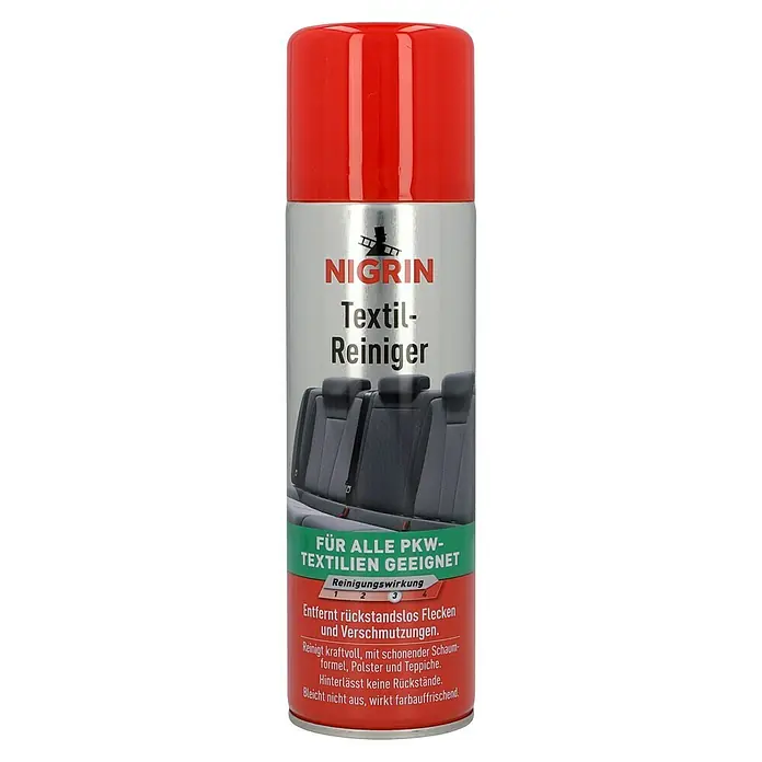 Nigrin Textilreiniger - 300 ml - Abbildung einer Nigrin Textilreiniger-Sprühdose. Geeignet für alle PKW-Textilien, entfernt Flecken und Schmutz rückstandslos.