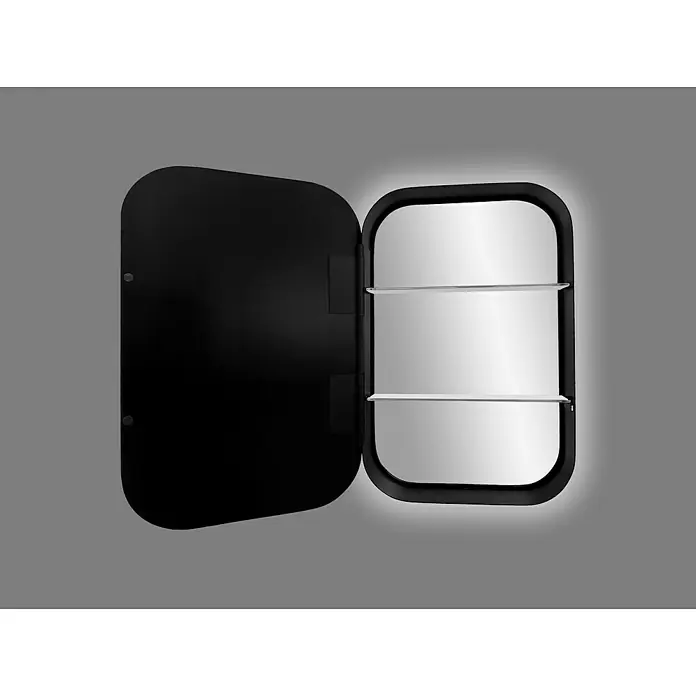 DSK LED-Spiegelschrank Elegance - B x H: 40 x 60 cm, Aluminium, Schwarz - Aufnahme eines geöffneten schwarzen Badezimmerspiegelschranks mit Regalen auf einem grauen Hintergrund.