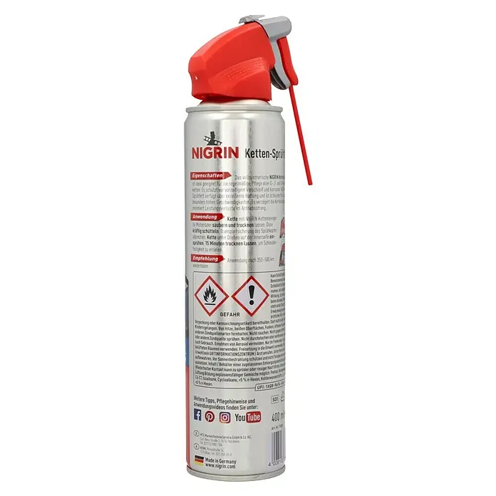 Nigrin Ketten-Sprühfett - 400 ml - Dose Nigrin Kettenspray. Das vollsynthetische Nigrin Kettenspray schützt vorzeitigem Verschleiß und Korrosion der Kette.