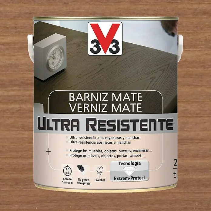 V33 Barniz para madera Mate Ultra Resistente - Nogal, Mate, 2,5 l - Bote de barniz para madera "Barniz Mate Verniz Mate". Protege los muebles de arañazos y manchas, es resistente y seca rápido.