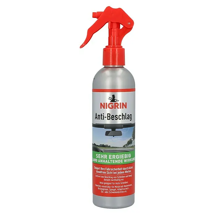 Nigrin Anti-Beschlag-Spray - 300 ml - Produktabbildung einer Sprühflasche Nigrin Anti-Beschlag für klare, blendfreie Sicht bei jedem Wetter.