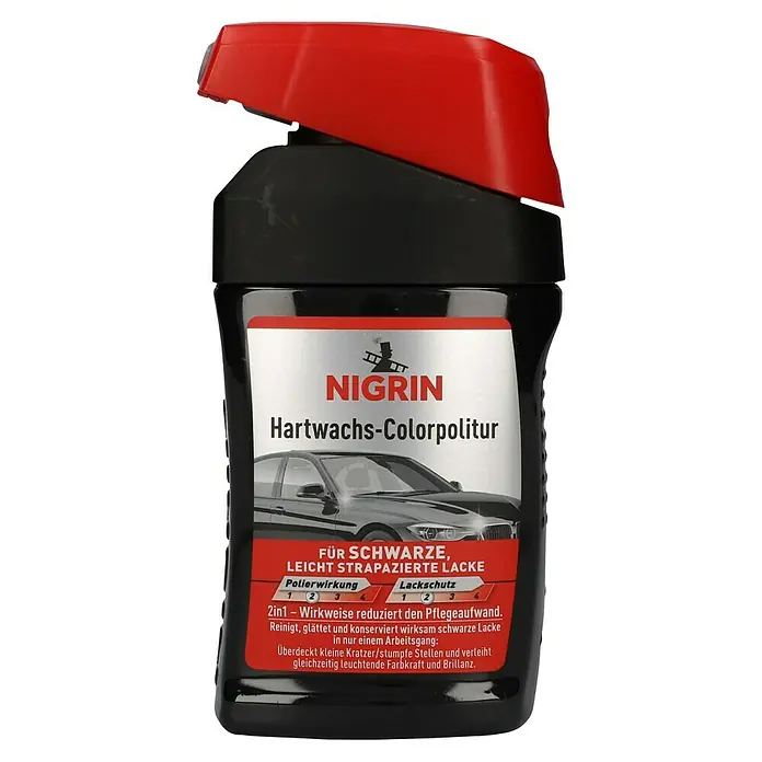 Nigrin Hartwachs-Farbpolitur - Schwarz, 300 ml - Produktabbildung von Nigrin Hartwachs-Colorpolitur für schwarze, leicht strapazierte Lacke zur Reinigung, Glättung und Konservierung.