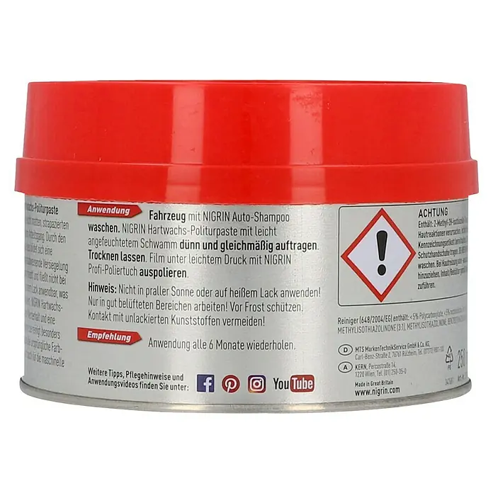 Nigrin Hartwachs-Politur - 250 ml - NIGRIN Hartwachs-Politurpaste: Reinigt, pflegt und schützt Autolacke. Anwendungshinweise und Warnhinweise auf der Dose beachten!