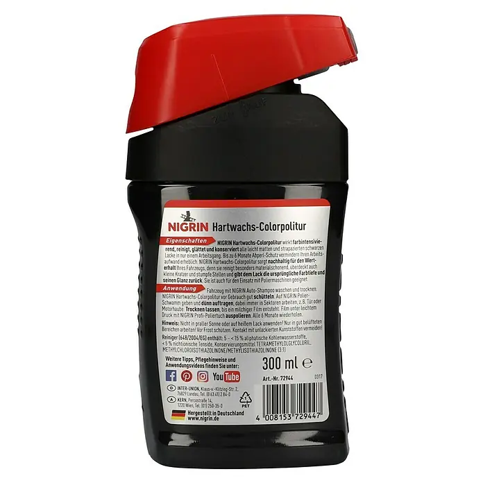 Nigrin Hartwachs-Farbpolitur - Schwarz, 300 ml - NIGRIN Hartwachs-Colorpolitur für intensive Farbauffrischung, Reinigung und Konservierung von matten Lacken.