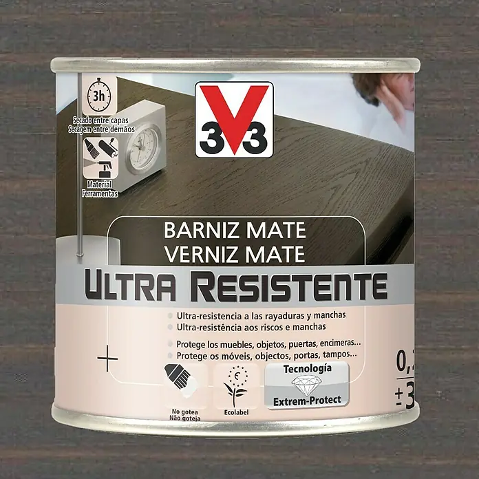V33 Barniz para madera Mate Ultra Resistente - Wengué, Mate, 250 ml - Imagen de una lata de barniz mate "V33 Ultra Resistente", que protege muebles y superficies.