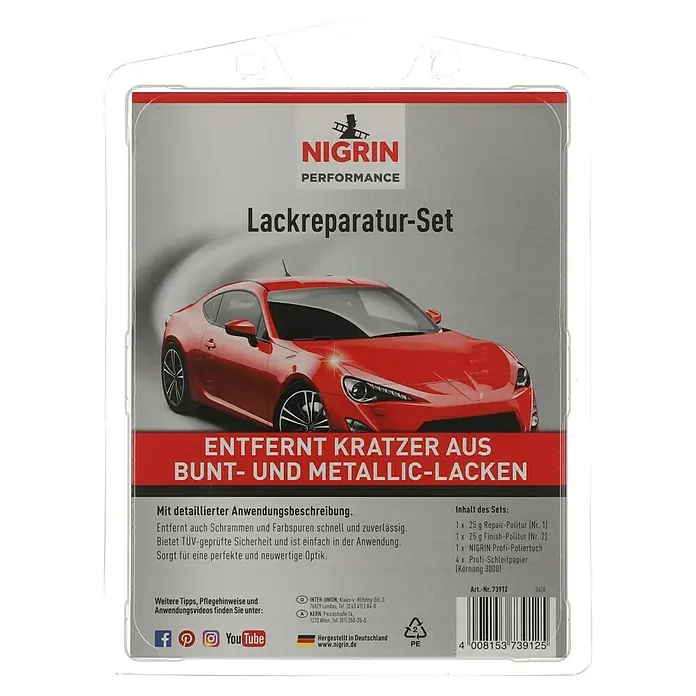 Nigrin Performance Lackreparatur-Set - Geeignet für: Buntlack - Produktabbildung des Nigrin Lackreparatur-Sets zur Entfernung von Kratzern auf Bunt- und Metallic-Lacken.