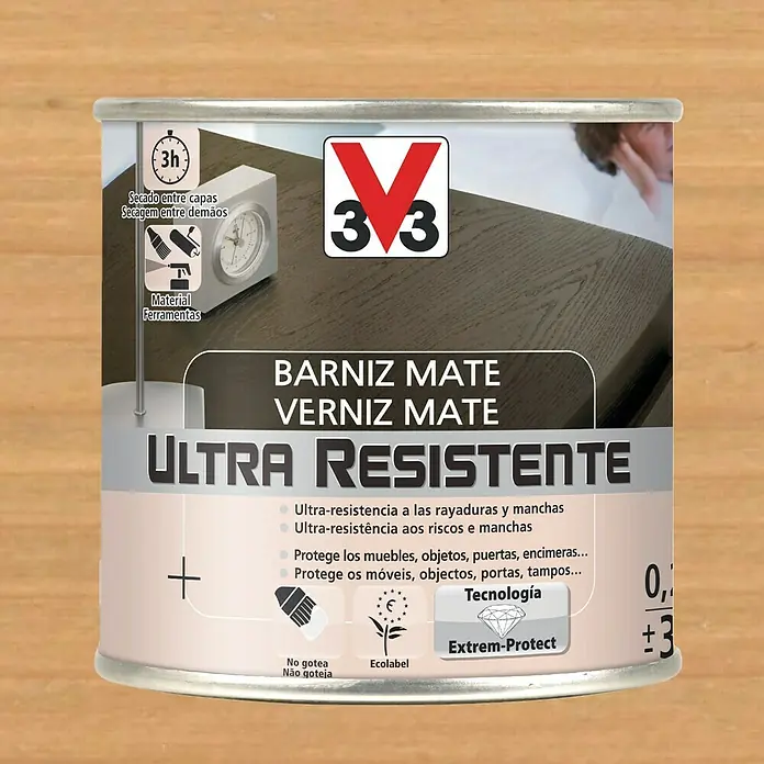 V33 Barniz para madera Mate Ultra Resistente - Roble claro, Mate, 250 ml - Bote de barniz mate para madera. El barniz es ultra resistente a las rayaduras y manchas, y protege muebles, objetos y puertas.