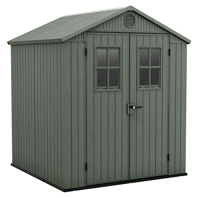Keter Gartenhaus Darwin 6x6 - Außenmaß inkl. Dachüberstand (B x T): 190 x 183 cm, Kunststoff, Grün, 3,477 m² - Geräumiges Gartenhaus in Grau mit Doppeltür und Fenstern, ideal zur Aufbewahrung von Gartengeräten und Werkzeugen.