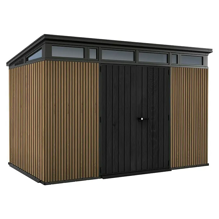 Keter Gerätehaus Signature Venetian Pent 11x7 - Außenmaß inkl. Dachüberstand (B x T): 340 x 218 cm, Kunststoff, Braun, 7,4 m² - Abbildung eines modernen Gartenhauses mit Holzverkleidung und schwarzen Akzenten, ideal für die Aufbewahrung im Freien.