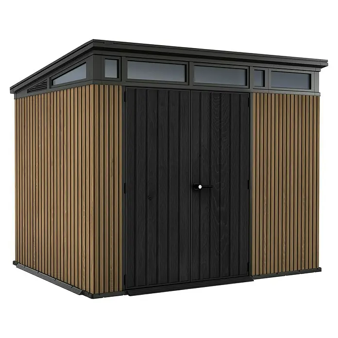 Keter Gerätehaus Signature Venetian Pent 9x7 - Außenmaß inkl. Dachüberstand (B x T): 277 x 218 cm, Kunststoff, Braun, 6 m² - Ein modernes Gartenhaus mit vertikalen Holzpaneelen in Braun und einer schwarzen Doppeltür. Das Dach ist ebenfalls schwarz und mit Fenstern versehen.