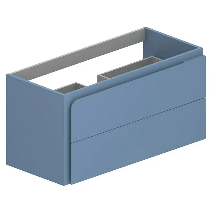 Mueble bajo de lavabo Caracas - L x An x Al: 45 x 100 x 50 cm, Azul - Un tocador azul moderno con dos cajones y espacio abierto en la parte superior para elementos esenciales del baño.