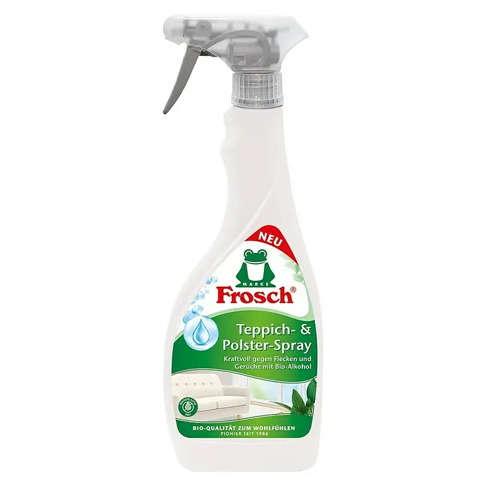 Frosch Reinigungsmittel Teppich- & Polster Spray - 500 ml, Flasche mit Sprühkopf - Produktbild: Frosch Teppich- & Polster-Spray, ein Reinigungsmittel für Teppiche und Polstermöbel, das Flecken und Gerüche effektiv entfernt.