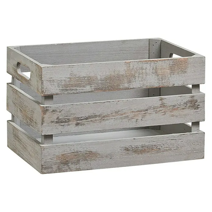 Zeller Present Holzkiste - L x B x H: 31 x 21 x 18,7 cm, Grau - Nahaufnahme einer Vintage-Holzkiste, ideal zur Aufbewahrung. Das verwitterte Grau verleiht Charme und passt zu rustikalen oder modernen Einrichtungen.