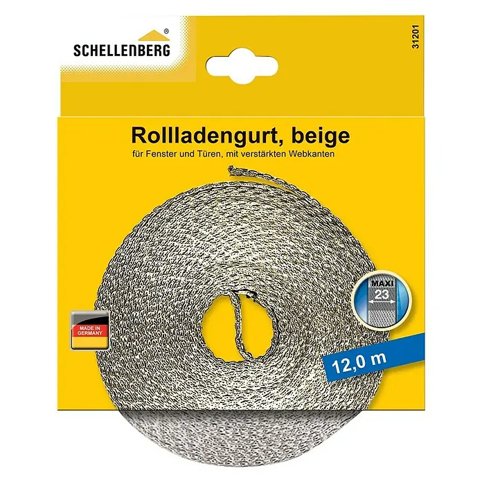 Schellenberg Cinta para persiana - Beige, Largo: 12 m, Anchura de la correa: 23 mm - Imagen de un paquete de cinturón de persiana enrollable Schellenberg, beige, 12,0 m de largo, con bordes tejidos reforzados, fabricado en Alemania.