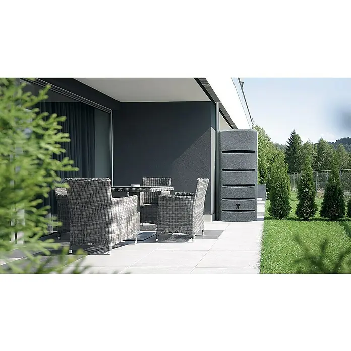 Arves Regentonne Tower - 260 l, Granitkörnung, 1 Stk. - Stilvoller LIFE-Regenspeicher in Anthrazit, perfekt für moderne Gärten. Genießen Sie die Kombination aus Funktionalität und elegantem Design auf Ihrer Terrasse.