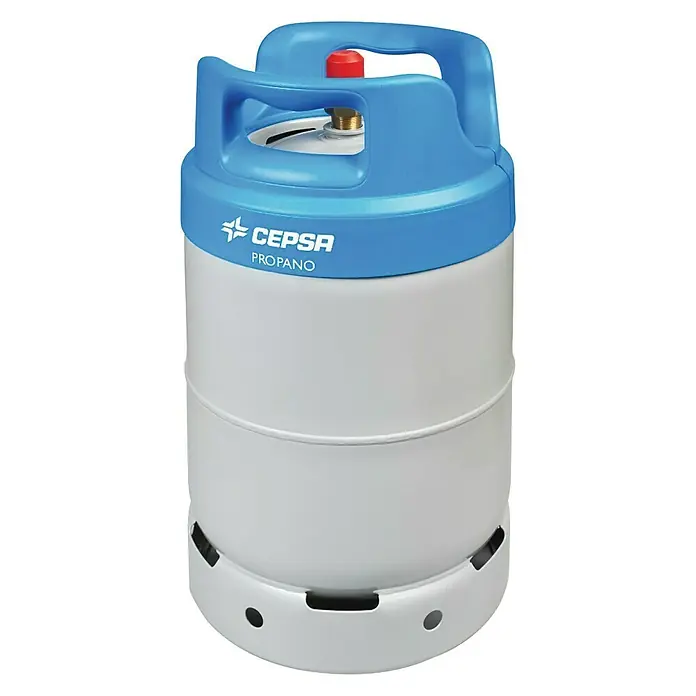 Cepsa Botella de gas propano BAUHAUS Barcelona - 12,5 kg - Primer plano de una bombona de gas portátil Cepsa Propano, con asa azul y válvula roja.