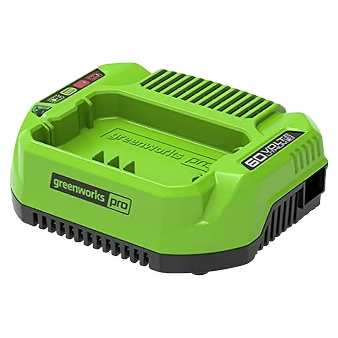 Greenworks 60V Akkusystem Estación de carga - Específico para: Gama de Greenworks y Powerworks de 60 V - Un cargador de batería de iones de litio Greenworks Pro 60V verde, utilizado para cargar baterías para herramientas de jardín.