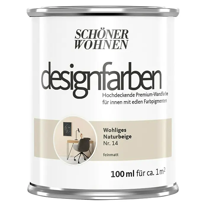SCHÖNER WOHNEN-Farbe Wandfarbe Designfarbe - Wohliges Naturbeige, Matt, 100 ml, Konservierungsmittelfrei - Farbdose "Schöner Wohnen Designfarben" in "Wohliges Naturbeige Nr. 14", ideal für Innenräume mit edlen Farbpigmenten und einer Reichweite von ca. 1 m².