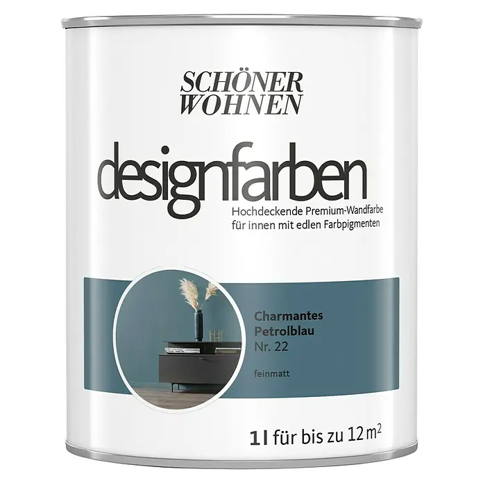 SCHÖNER WOHNEN-Farbe Wandfarbe Designfarbe - Charmantes Petrolblau, Matt, 1 l, Konservierungsmittelfrei - Dose Schön Wohnen Designfarbe Charmantes Petrolblau Nr. 22. Hochdeckende Premium-Wandfarbe für ein schönes Zuhause.