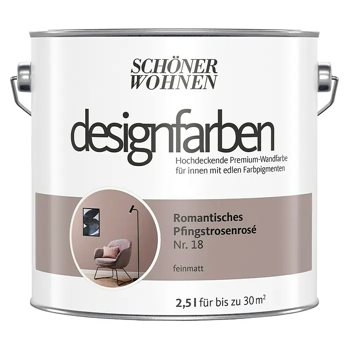 SCHÖNER WOHNEN-Farbe Wandfarbe Designfarbe - Romantisches Pfingstrosenrosé, Matt, 2,5 l, Konservierungsmittelfrei - Dose Schönen Wohnen Designfarben "Romantisches Pfingstrosenrosé Nr. 18", eine matte Premium-Wandfarbe für den Innenbereich.