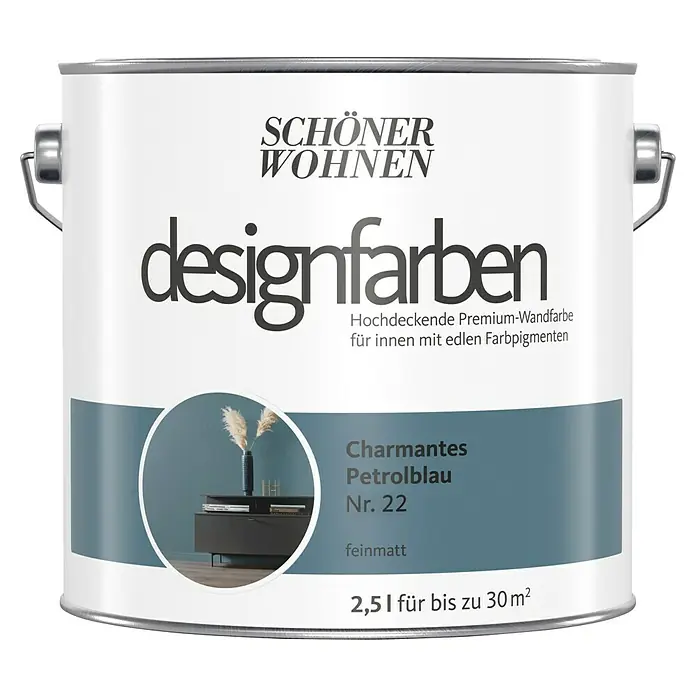 SCHÖNER WOHNEN-Farbe Wandfarbe Designfarbe - Charmantes Petrolblau, Matt, 2,5 l, Konservierungsmittelfrei - Dose Schön Wohnen Designfarben, Farbton Charmantes Petrolblau Nr. 22, feinmatt, 2,5l für bis zu 30 m².