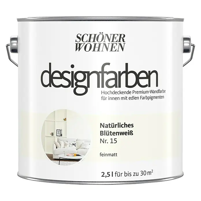 SCHÖNER WOHNEN-Farbe Wandfarbe Designfarbe - Natürliches Blütenweiß, Matt, 2,5 l, Konservierungsmittelfrei - Dose Schönen Wohnen Designfarben in Naturliches Blütenweiß Nr. 15, feinmatt, 2,5l für bis zu 30 m².