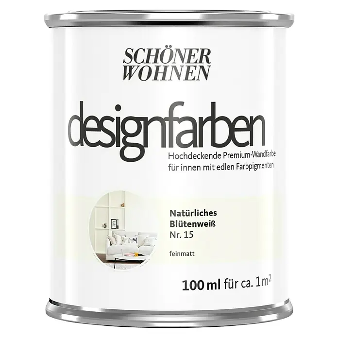 SCHÖNER WOHNEN-Farbe Wandfarbe Designfarbe - Natürliches Blütenweiß, Matt, 100 ml, Konservierungsmittelfrei - Farbdose "Schöner Wohnen Designfarben Blütenweiß Nr. 15", eine hochwertige Wandfarbe für Innenräume mit edlen Farbpigmenten.