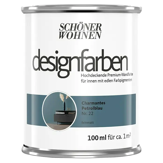 SCHÖNER WOHNEN-Farbe Wandfarbe Designfarbe - Charmantes Petrolblau, Matt, 100 ml, Konservierungsmittelfrei - Dose Schön Wohnen Designfarben Petrolblau. Premium-Wandfarbe für Innenräume mit edlen Farbpigmenten, Inhalt 100 ml für ca. 1 m².