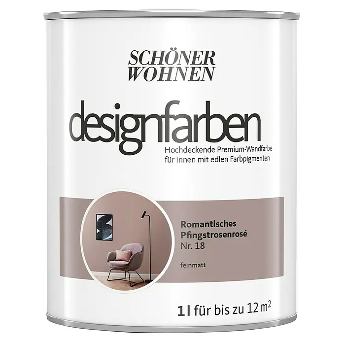 SCHÖNER WOHNEN-Farbe Wandfarbe Designfarbe - Romantisches Pfingstrosenrosé, Matt, 1 l, Konservierungsmittelfrei - Dose Schön Wohnen Designfarbe Romantisches Pfingstrosenrosé Nr. 18, feinmatt, geeignet für bis zu 12 m².