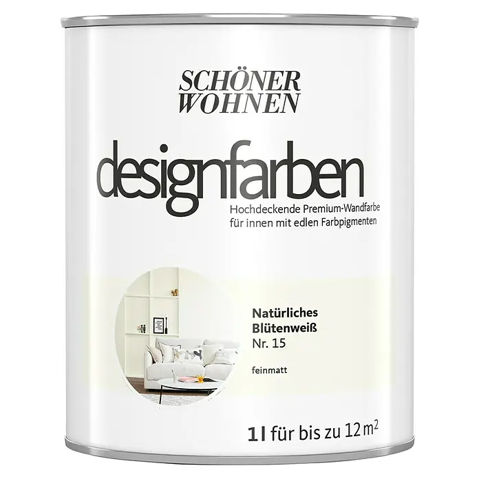 SCHÖNER WOHNEN-Farbe Wandfarbe Designfarbe - Natürliches Blütenweiß, Matt, 1 l, Konservierungsmittelfrei - Farbdose "Schöner Wohnen Designfarben" in Blütenweiß Nr. 15, feinmatt, geeignet für Innenräume. Hochdeckende Premium-Wandfarbe für bis zu 12 m².