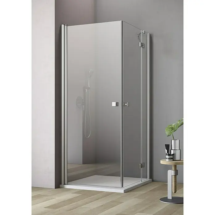 GEO Hit Eckdusche B-E130 - L x B x H: 100 x 80 x 202,2 cm, Unbeschichtet, Silber, Glasstärke: 6 mm - Bild einer modernen Duschkabine mit klaren Glaswänden und silbernen Beschlägen, die ein minimalistisches und elegantes Design aufweist.