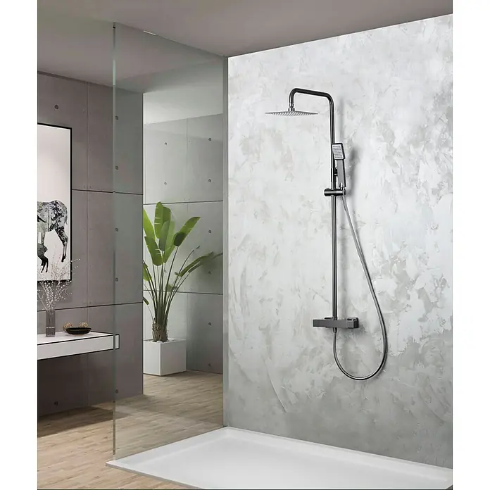 Imex Art Sistema de ducha - Grifo termostático, Black gun metal - Conjunto de ducha con acabado negro sobre una pared texturizada. Diseño elegante para baños modernos, con duchas superiores y de mano.